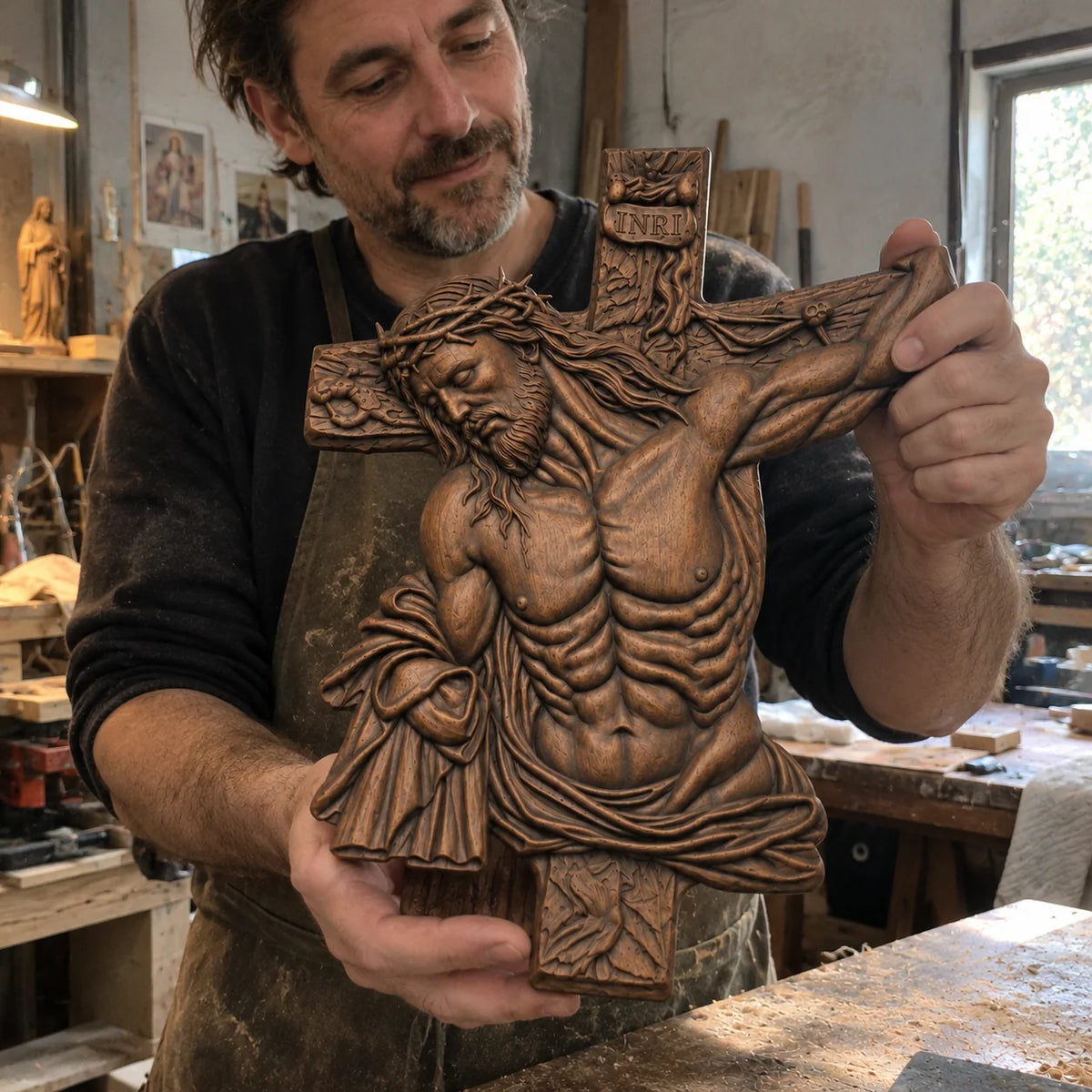 ✝️ Hand-Carved Beech Wood Crucifix – Jesus Christ Wall Cross with Intricate Relief Details | A Meaningful Reminder of His Love & Christian Faith Gift