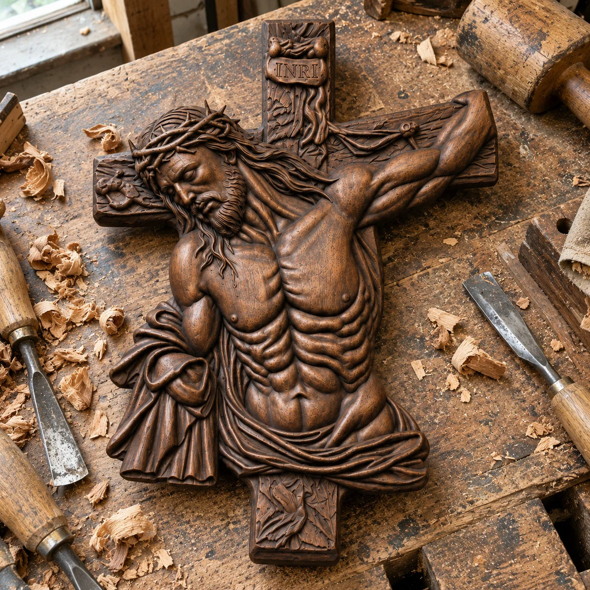 ✝️ Hand-Carved Beech Wood Crucifix – Jesus Christ Wall Cross with Intricate Relief Details | A Meaningful Reminder of His Love & Christian Faith Gift