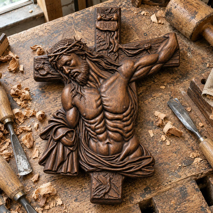 ✝️ Hand-Carved Beech Wood Crucifix – Jesus Christ Wall Cross with Intricate Relief Details | A Meaningful Reminder of His Love & Christian Faith Gift