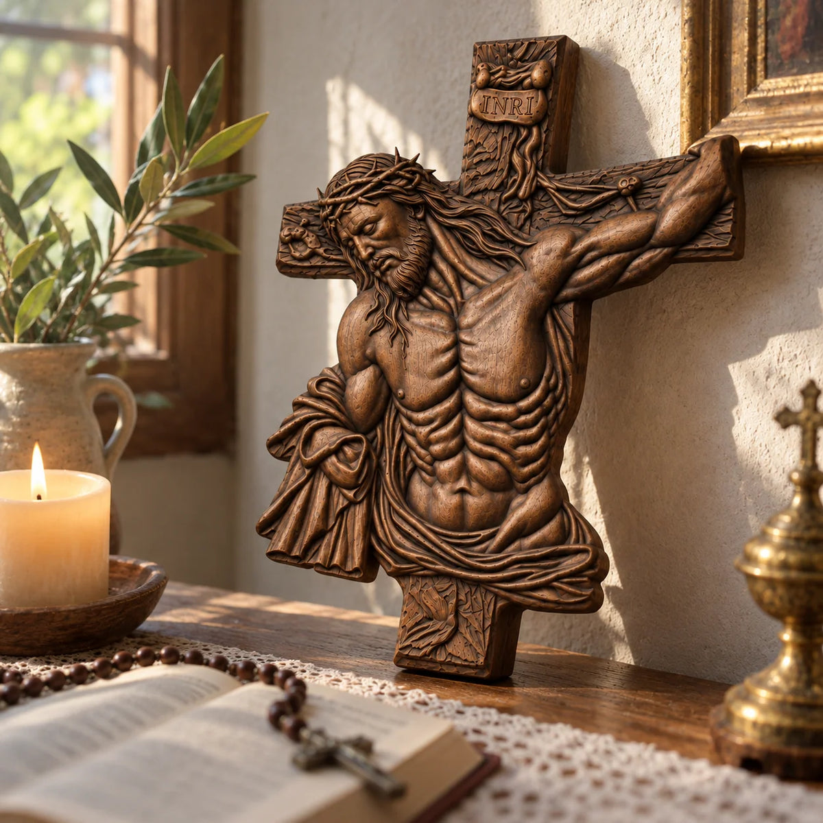 ✝️ Hand-Carved Beech Wood Crucifix – Jesus Christ Wall Cross with Intricate Relief Details | A Meaningful Reminder of His Love & Christian Faith Gift