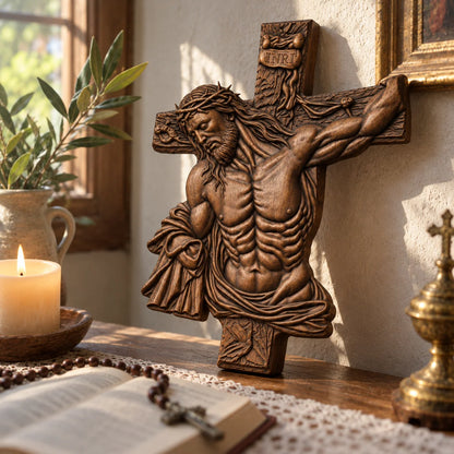 ✝️ Hand-Carved Beech Wood Crucifix – Jesus Christ Wall Cross with Intricate Relief Details | A Meaningful Reminder of His Love & Christian Faith Gift