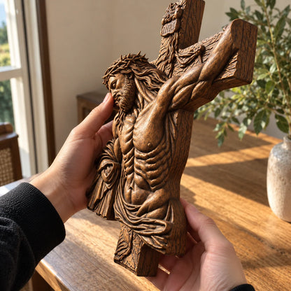 ✝️ Hand-Carved Beech Wood Crucifix – Jesus Christ Wall Cross with Intricate Relief Details | A Meaningful Reminder of His Love & Christian Faith Gift
