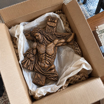 ✝️ Hand-Carved Beech Wood Crucifix – Jesus Christ Wall Cross with Intricate Relief Details | A Meaningful Reminder of His Love & Christian Faith Gift