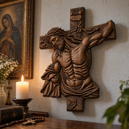 ✝️ Hand-Carved Beech Wood Crucifix – Jesus Christ Wall Cross with Intricate Relief Details | A Meaningful Reminder of His Love & Christian Faith Gift