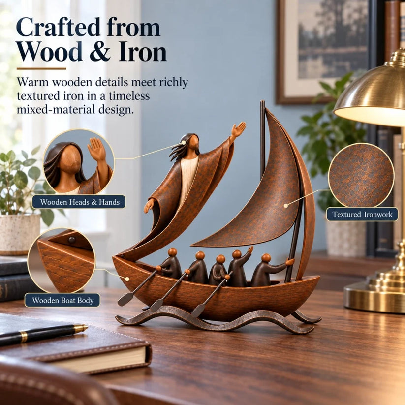 Faith sailboat sculpture showing figures traveling together through the waves