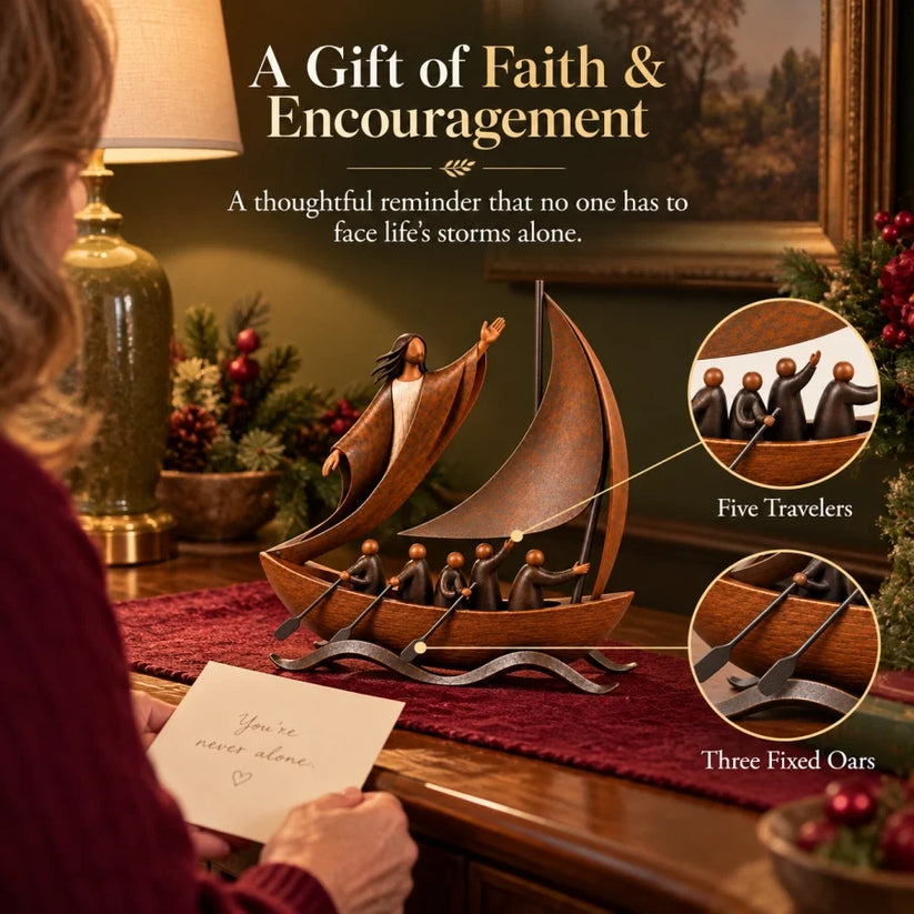 Detailed view of the sail, figures, oars and waves in the Christian sailboat sculpture