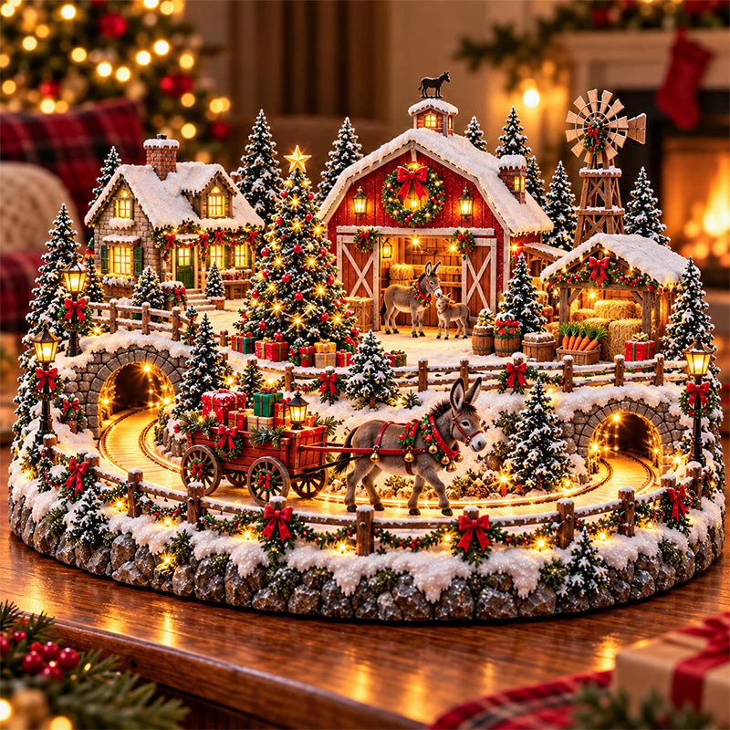 Christmas Donkey Village with a red barn, snowy farmhouse, warm lights and donkey gift wagon