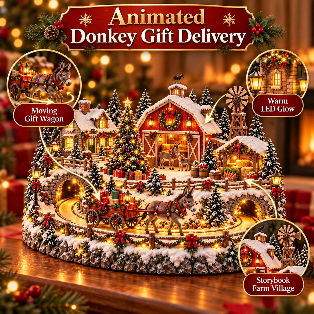 🔥 LAST DAY 50% OFF 🔥 🫏 Christmas Donkey Village™ – Animated Moving Gift Wagon, Warm Holiday Lights & Snowy Farm Christmas Display 🎄✨