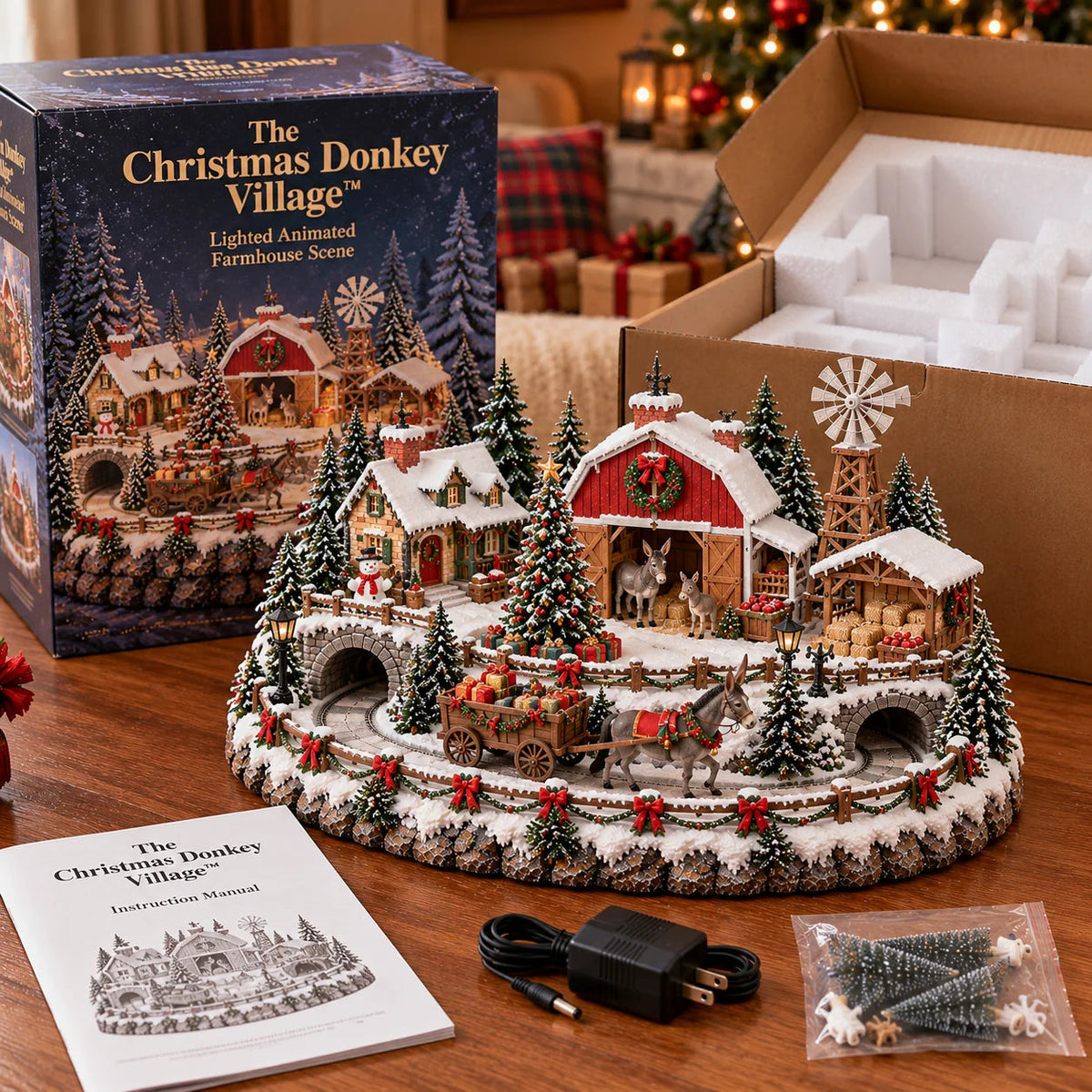 🔥 LAST DAY 50% OFF 🔥 🫏 Christmas Donkey Village™ – Animated Moving Gift Wagon, Warm Holiday Lights & Snowy Farm Christmas Display 🎄✨
