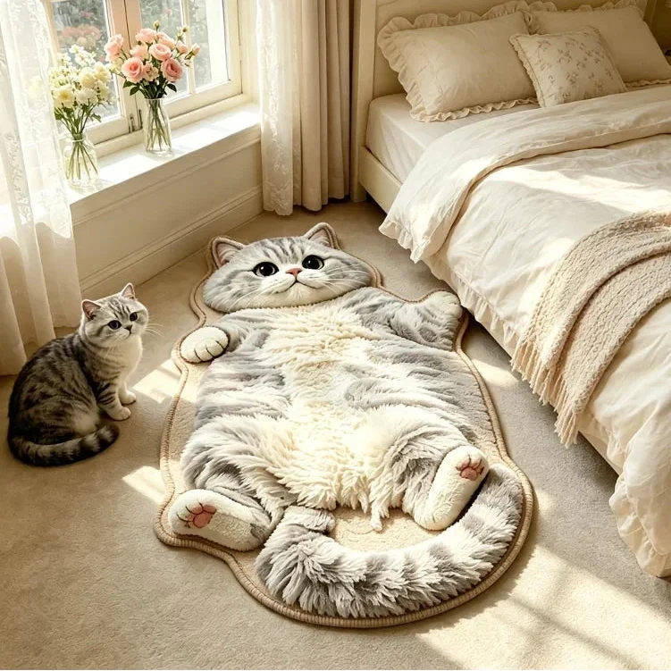 🐱 3D Chubby Tabby Cat Shaped Long Rug – Cozy Furry-Effect Home Décor