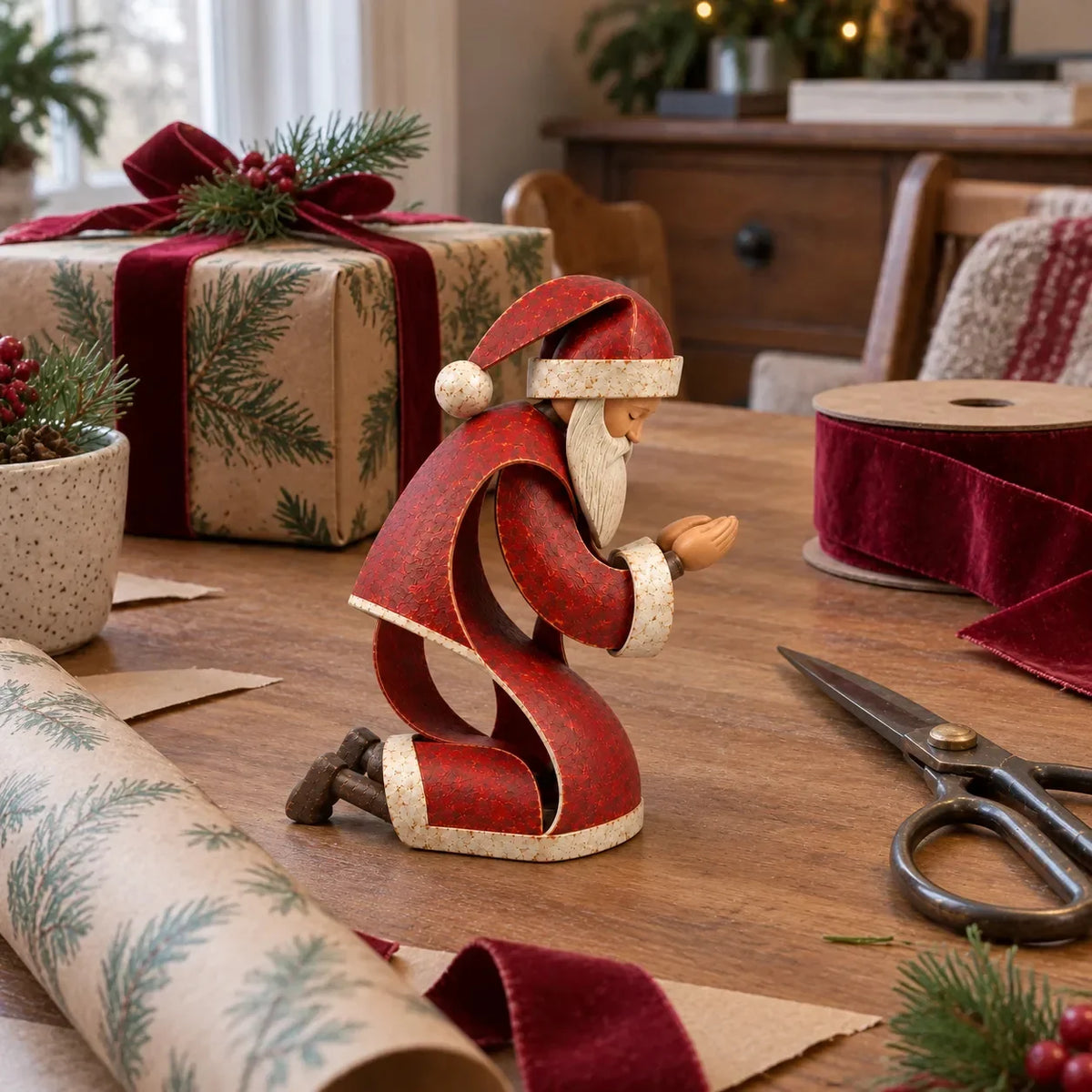 ⏳ Last Day 49% OFF – ✝️ Santa Kneeling Before Jesus Christmas Figurines | Meaningful Wood & Iron Faith Décor 🎄