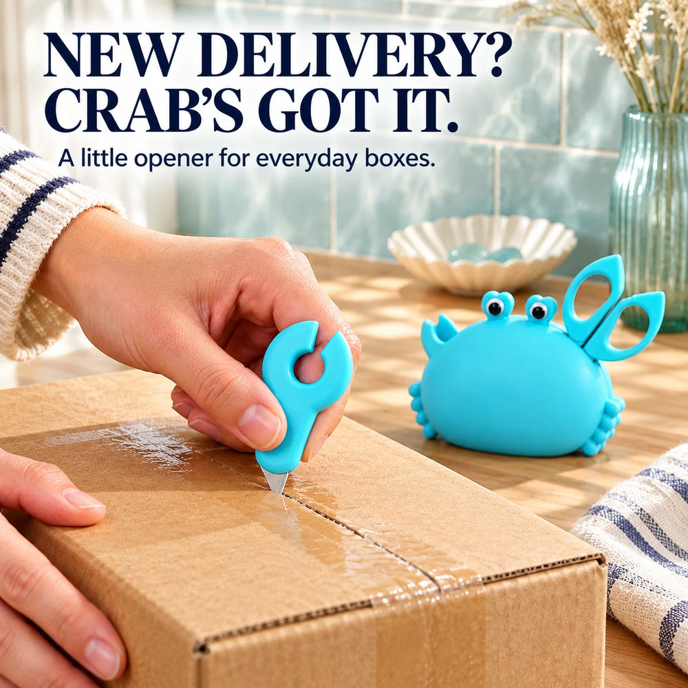 Handy Crab small box opener cutting packing tape on a cardboard delivery box