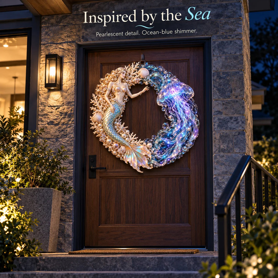 Ocean Enchantment mermaid and jellyfish wreath displayed on a front door