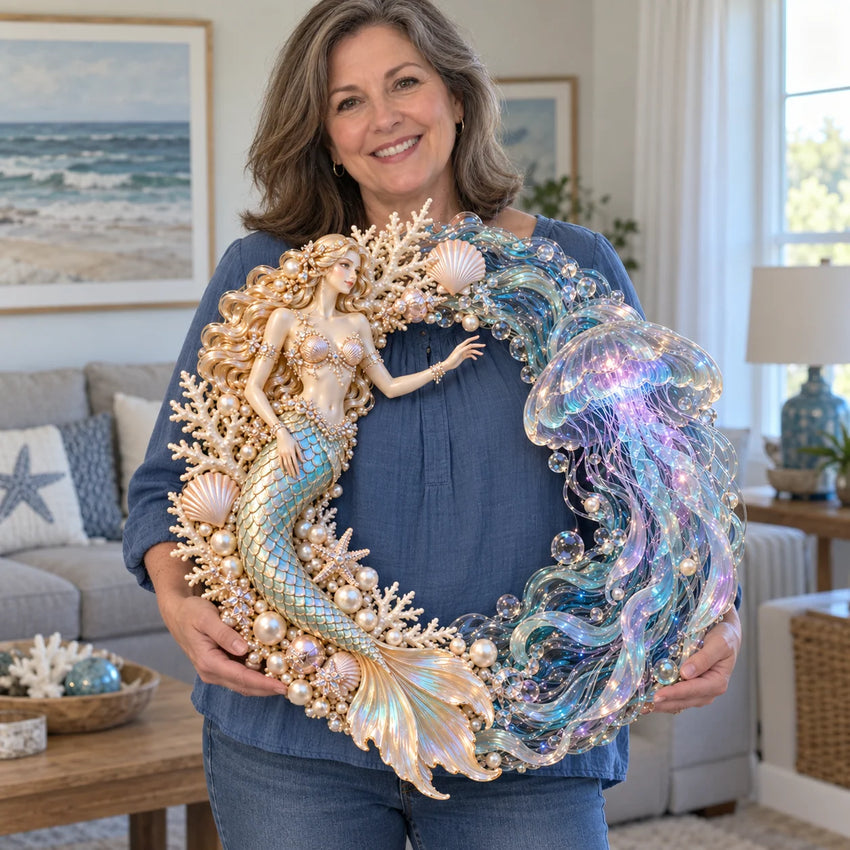 Woman holding the mermaid and jellyfish wreath