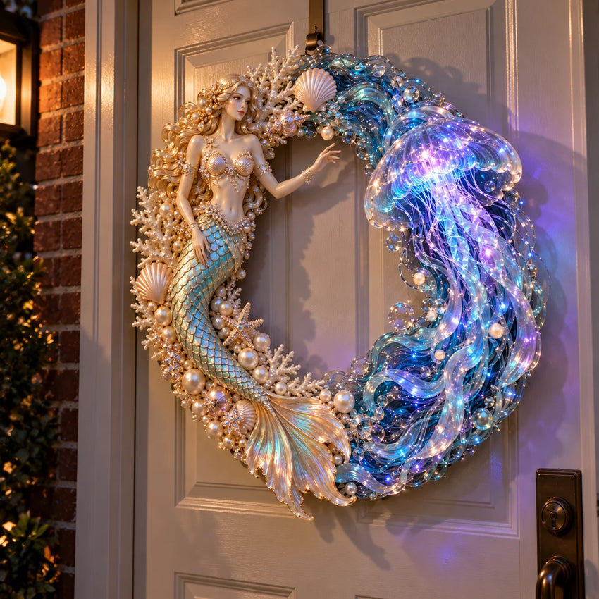 Mermaid jellyfish wreath displayed on a welcoming entry door