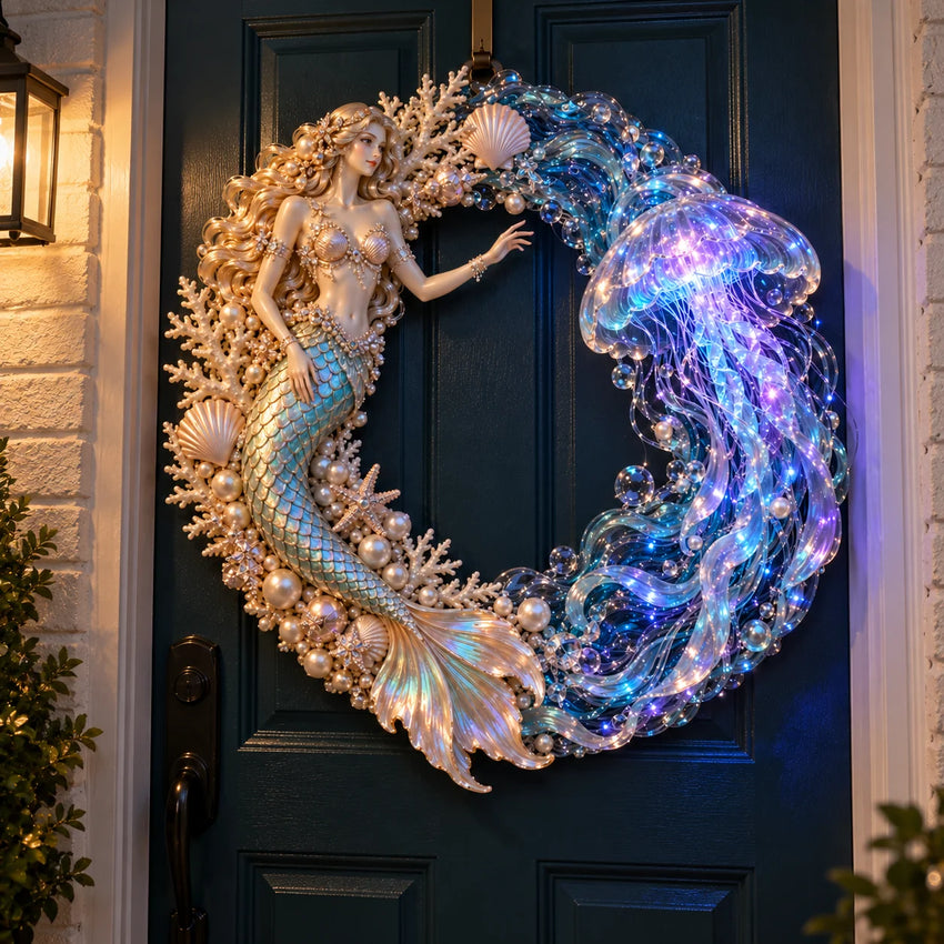 Illuminated mermaid and jellyfish wreath showing its ocean-inspired design