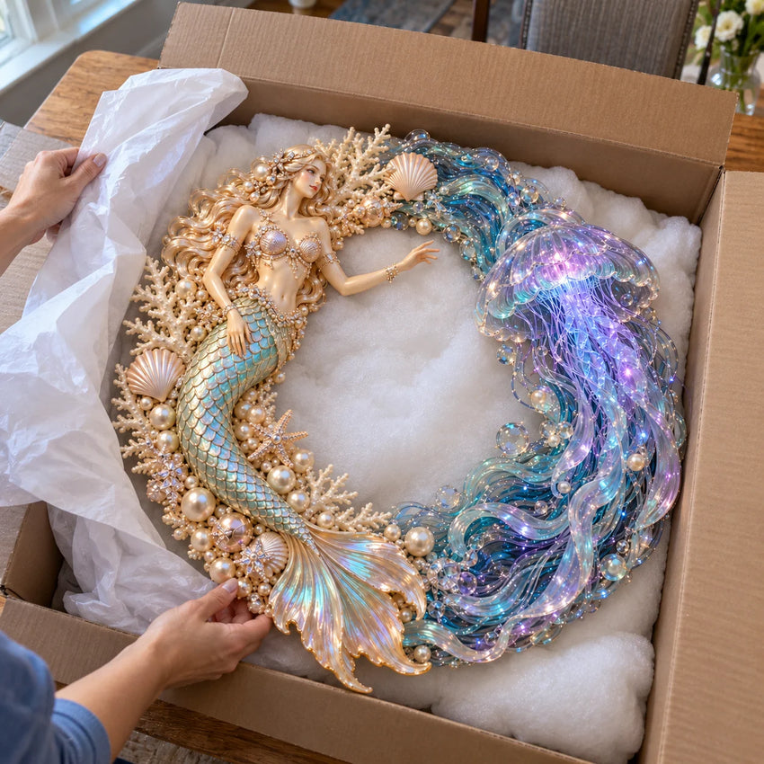 Mermaid and jellyfish wreath being unpacked
