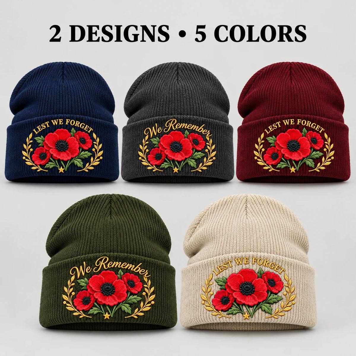 "Lest We Forget" Poppy Embroidered Beanie