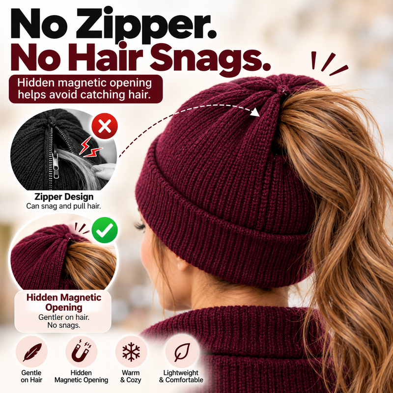 Magnetic Ponytail Beanie™ — Cozy Winter Knit Hat for High Ponytails