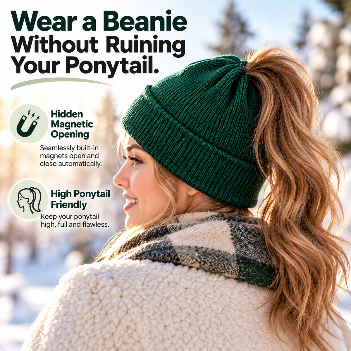 Magnetic Ponytail Beanie™ — Cozy Winter Knit Hat for High Ponytails