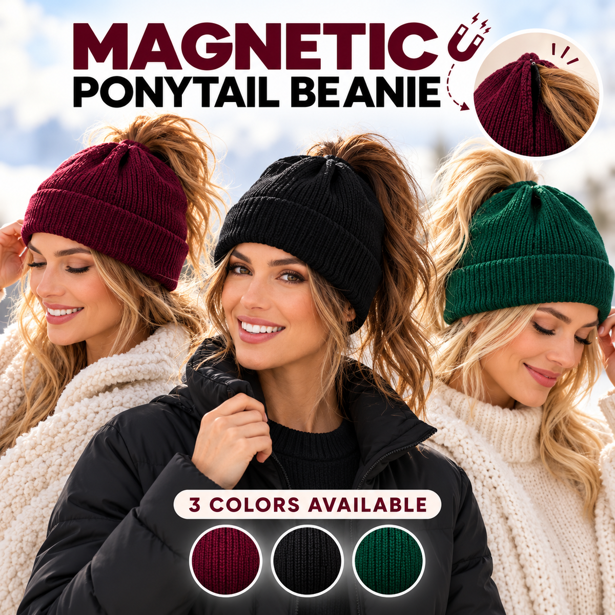 Magnetic Ponytail Beanie™ — Cozy Winter Knit Hat for High Ponytails