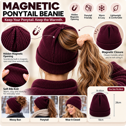Magnetic Ponytail Beanie™ — Cozy Winter Knit Hat for High Ponytails