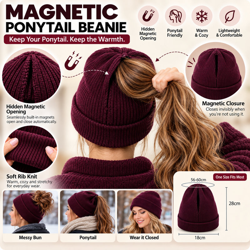 Magnetic Ponytail Beanie™ — Cozy Winter Knit Hat for High Ponytails