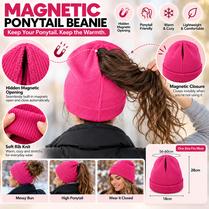 Magnetic Ponytail Beanie™ — Cozy Winter Knit Hat for High Ponytails