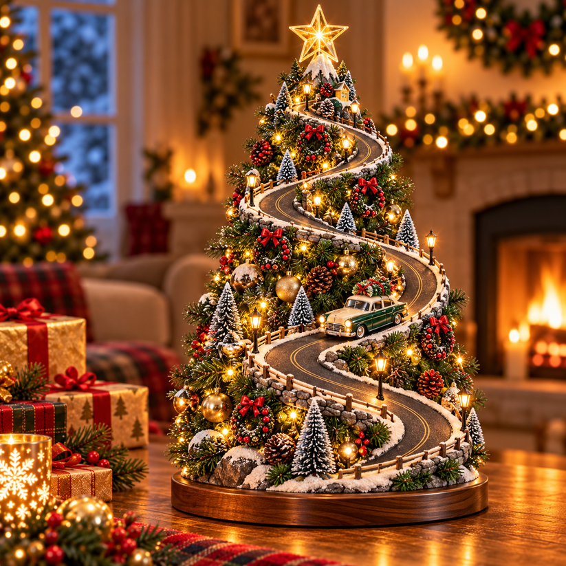 Christmas mountain village tree with winding snowy alpine road