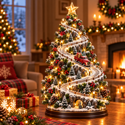 Christmas Mountain Village Tree – Snowy Alpine Road Tabletop Decor