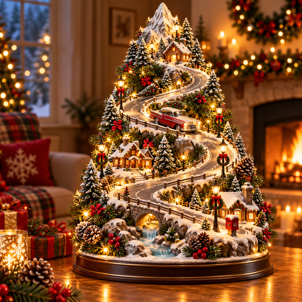 Christmas Mountain Village Tree – Snowy Alpine Road Tabletop Decor