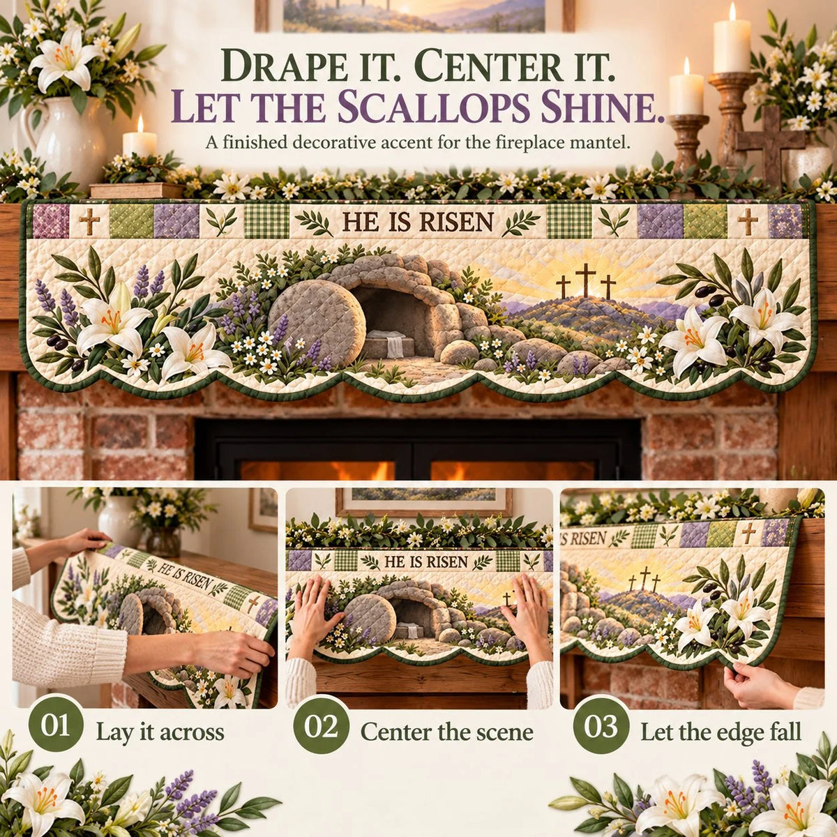 ⏳ Last Day 50% OFF – ✝️ Easter Faith Quilted Mantel Scarf | Patchwork Christian Fireplace Décor for Spring & Easter 🌷