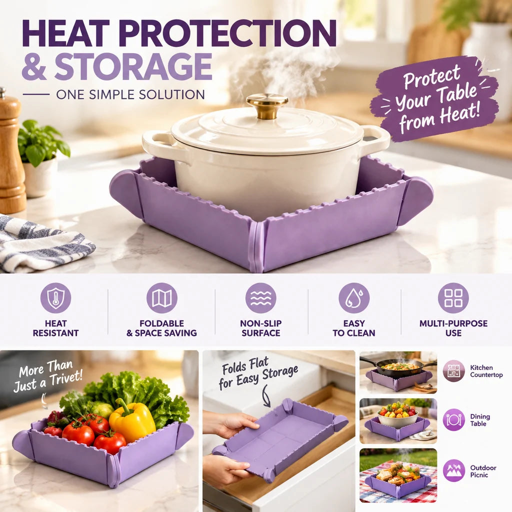 🍳🧲MagnaFold™ 3-in-1 Magnetic Silicone Trivet – Hot Pad, Foldable Tray & Fridge Storage