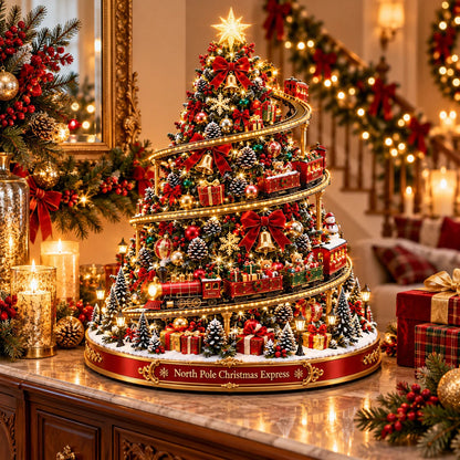 🔥 LAST DAY 50% OFF 🔥 North Pole Christmas Express Tree™ – Lighted Spiral Moving Train Christmas Tree Display 🎄🚂✨