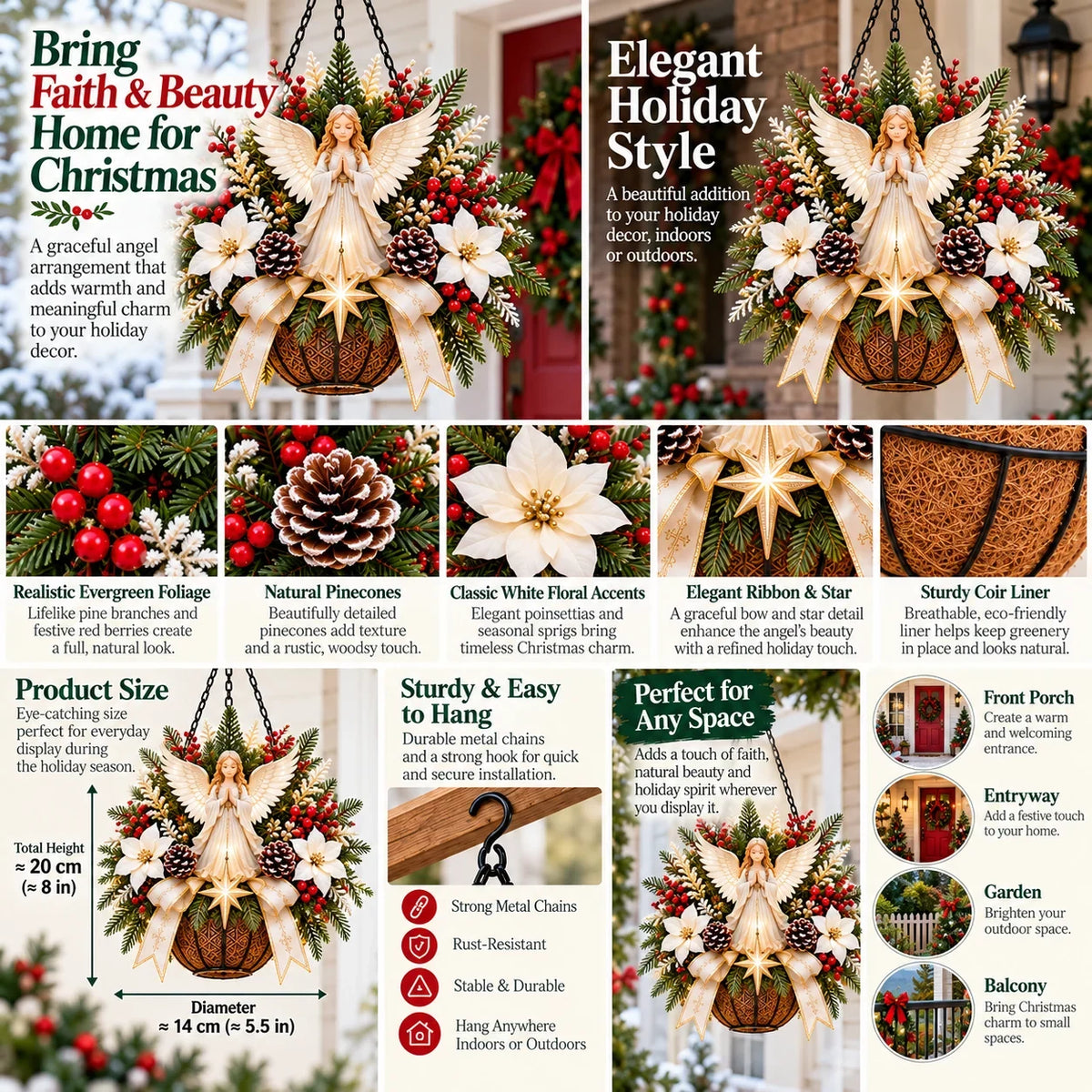 🎄 CHRISTMAS LIMITED-TIME 50% OFF | Christian Christmas Hanging Basket™ – Angel & Dove Faith-Inspired Holiday Porch Decor
