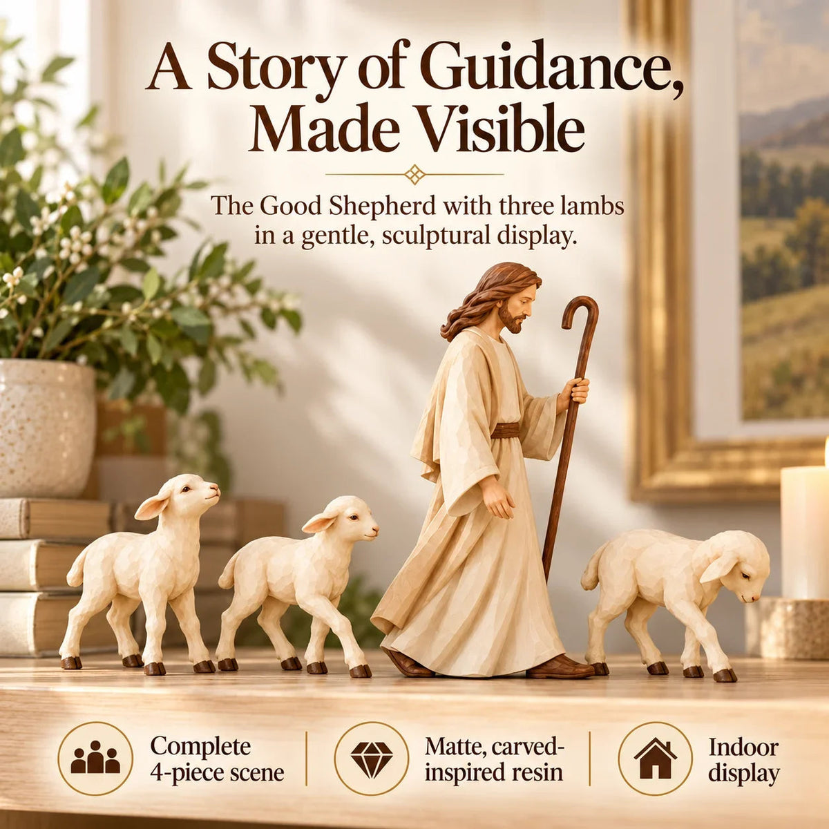 Good Shepherd sculpture with three lambs in a warm ivory finish