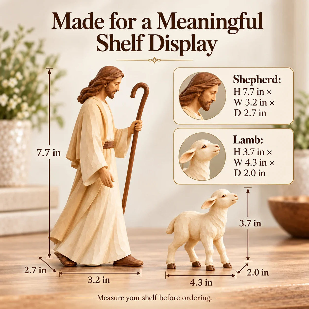 Size guide showing the shepherd at 7.7 inches tall and the pictured lamb at 3.7 inches tall