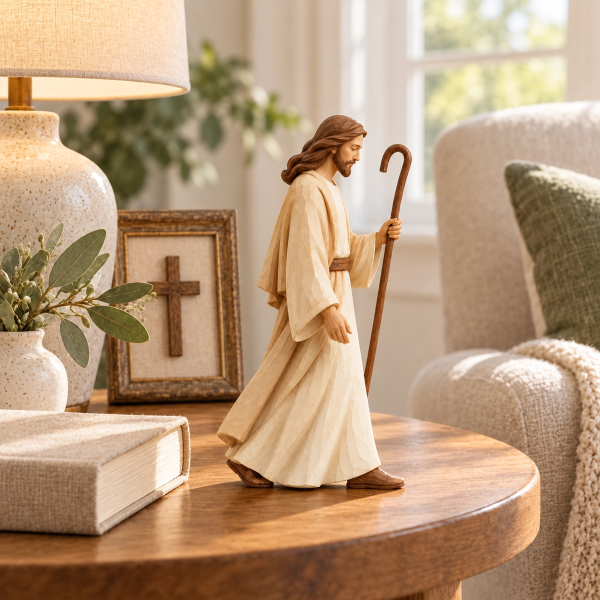 Good Shepherd figure with a curved staff and softly textured ivory robe