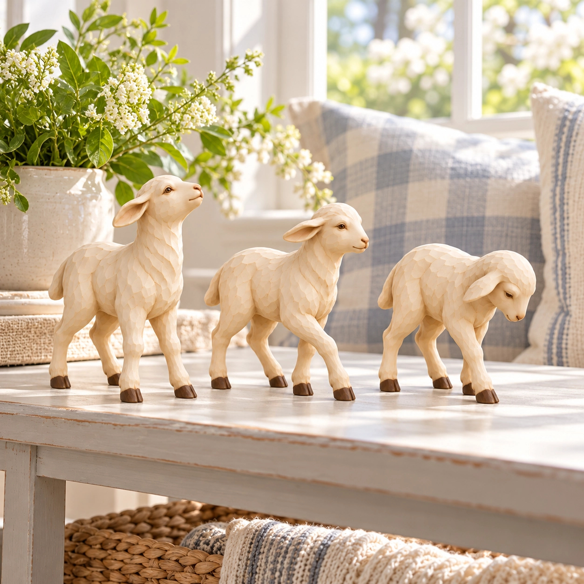 Three ivory lamb sculptures in distinct standing, walking and lowered-head poses