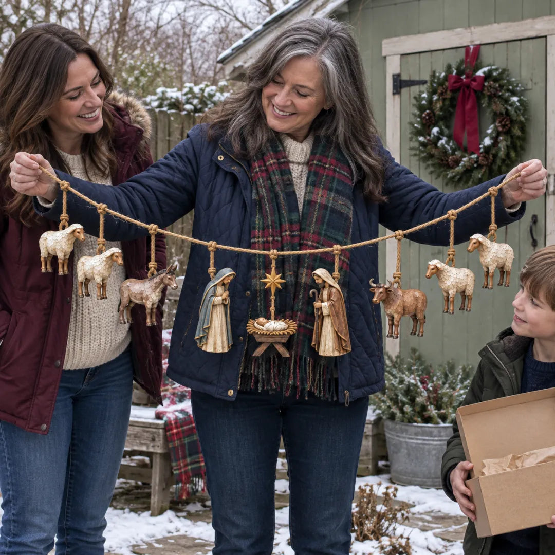 Family admiring a wooden Nativity Christmas garland held as a seasonal gift
