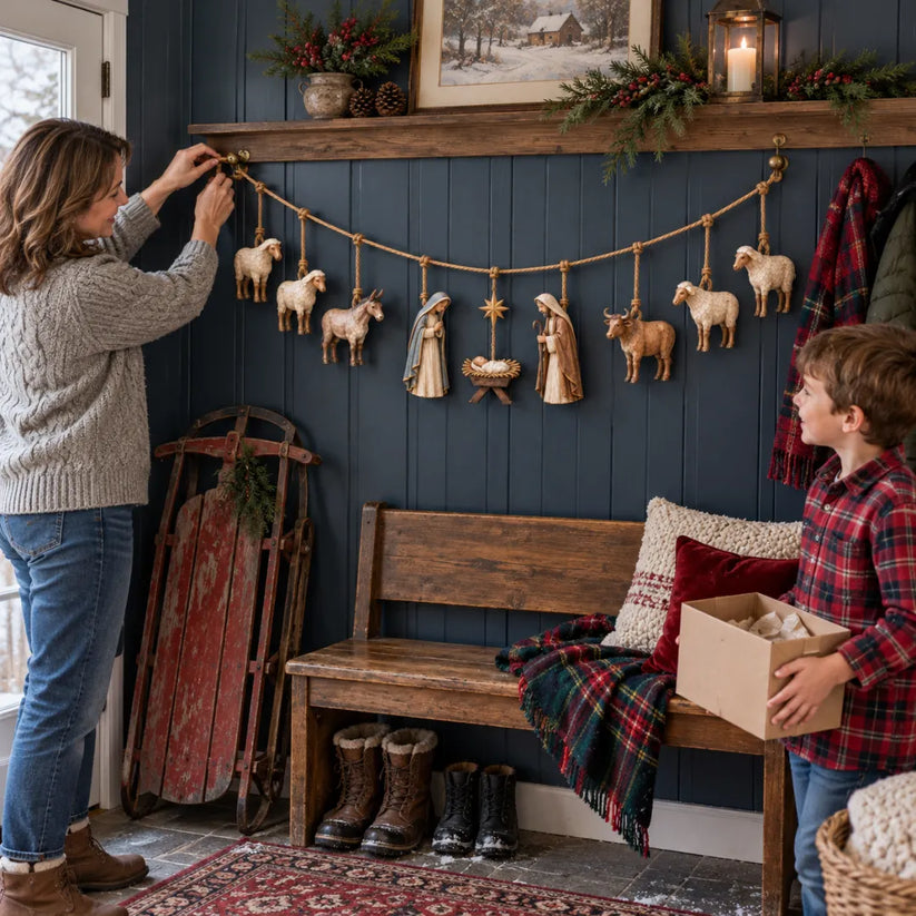 Mother and child decorating their home with a wooden Nativity garland