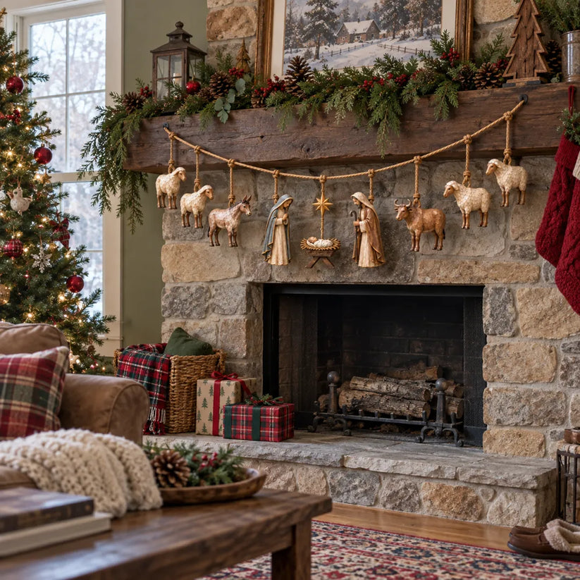 Wooden Nativity Garland displayed across a traditional Christmas fireplace
