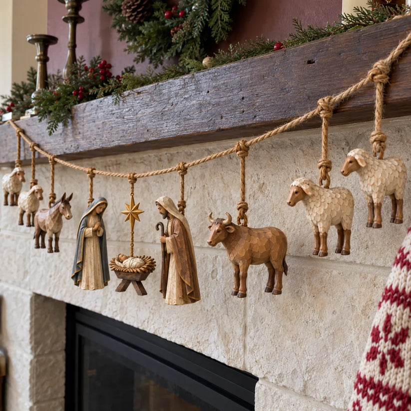 Close view of wooden Nativity figures suspended on rustic rope