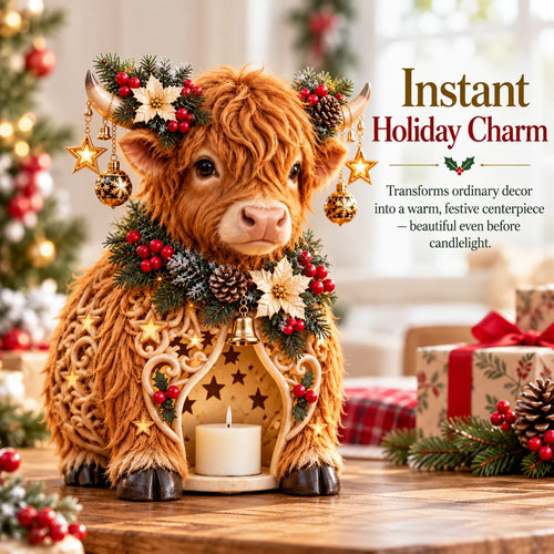 🐮🎄 Highland Christmas Glow™ – Adorable Highland Cow Christmas Candle Holder | Festive Farmhouse Tabletop Decor & Unique Holiday Gift