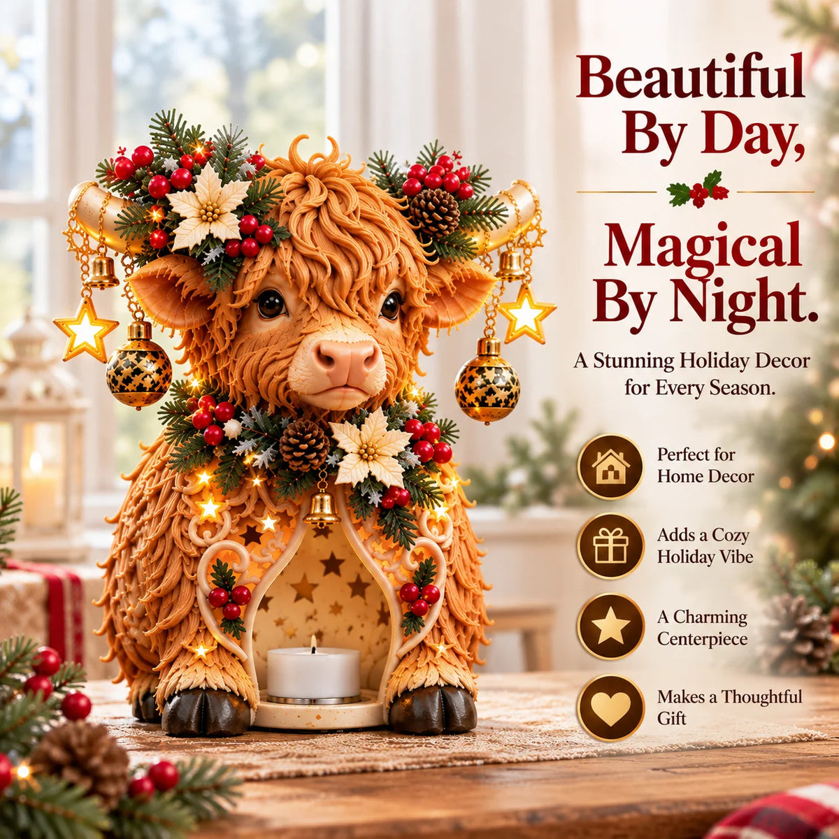 🐮🎄 Highland Christmas Glow™ – Adorable Highland Cow Christmas Candle Holder | Festive Farmhouse Tabletop Decor & Unique Holiday Gift