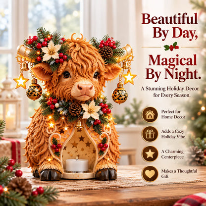 🐮🎄 Highland Christmas Glow™ – Adorable Highland Cow Christmas Candle Holder | Festive Farmhouse Tabletop Decor & Unique Holiday Gift
