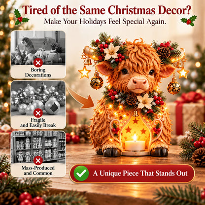 🐮🎄 Highland Christmas Glow™ – Adorable Highland Cow Christmas Candle Holder | Festive Farmhouse Tabletop Decor & Unique Holiday Gift