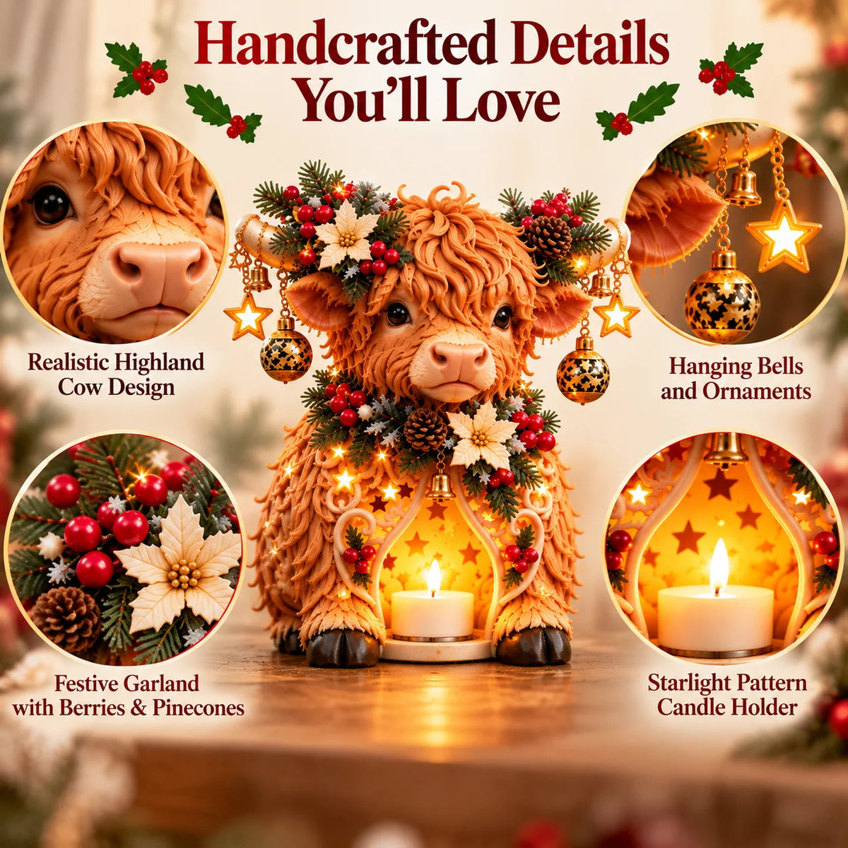 🐮🎄 Highland Christmas Glow™ – Adorable Highland Cow Christmas Candle Holder | Festive Farmhouse Tabletop Decor & Unique Holiday Gift
