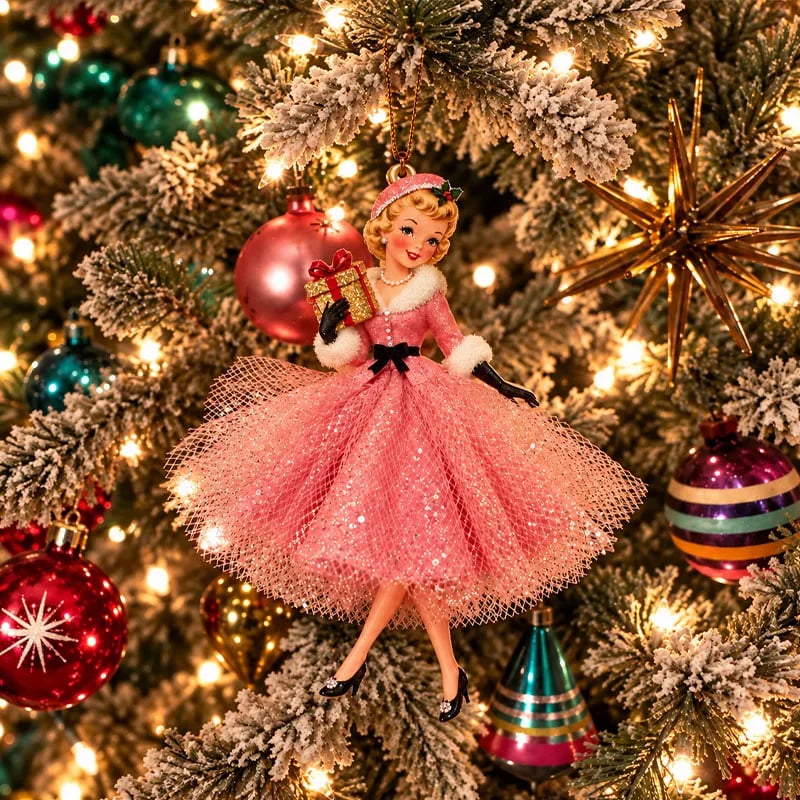 Vintage Christmas lady ornaments inspired by 1950s holiday fashion
