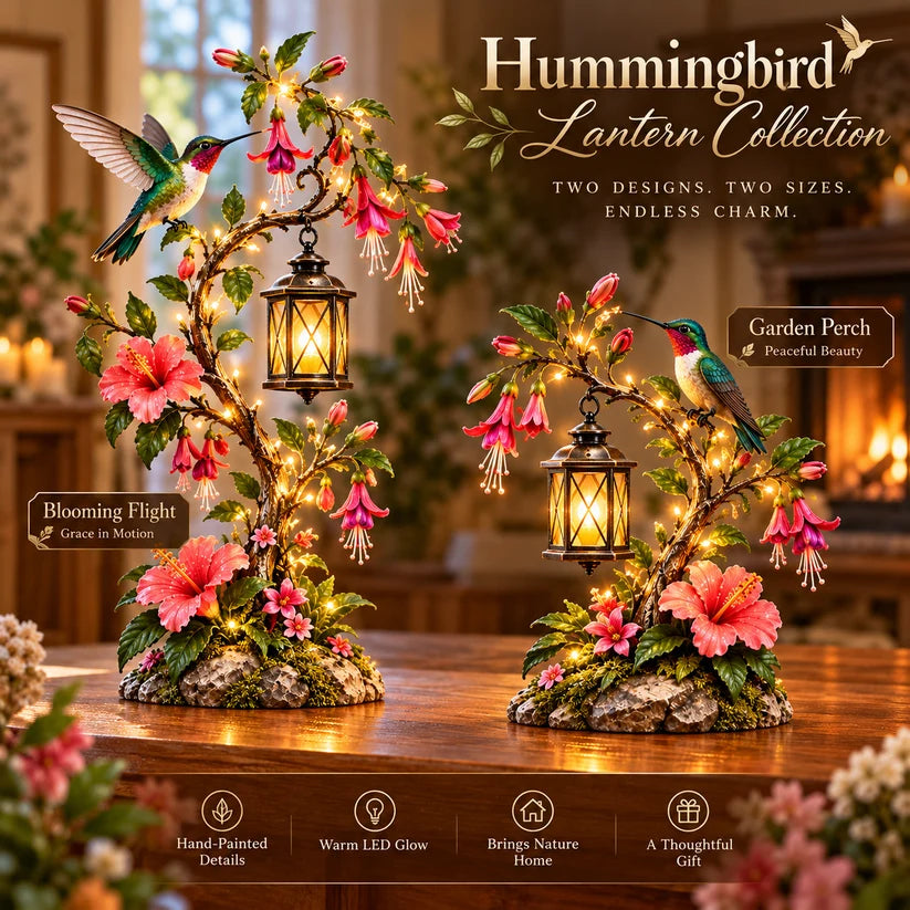 Hummingbird Garden Lantern collection with taller Blooming Flight design and smaller Garden Perch design, both featuring pink flowers, vintage lantern and warm LED lights